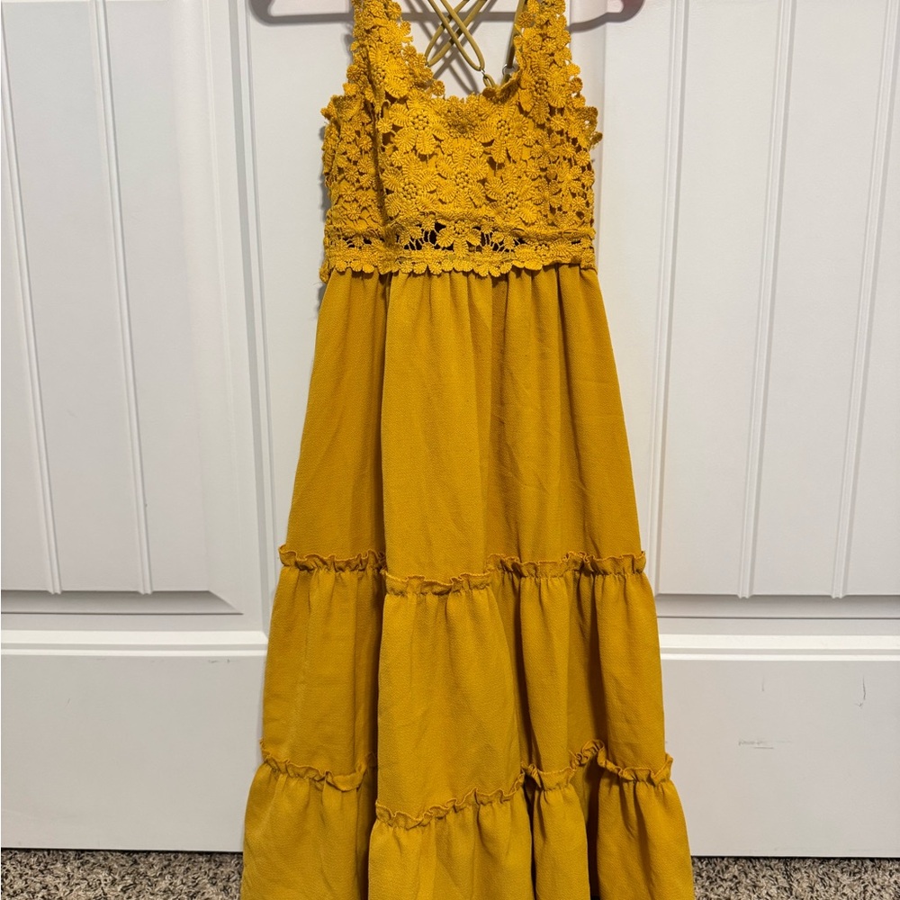Girls' Mustard Crochet Bodice Maxi Dress